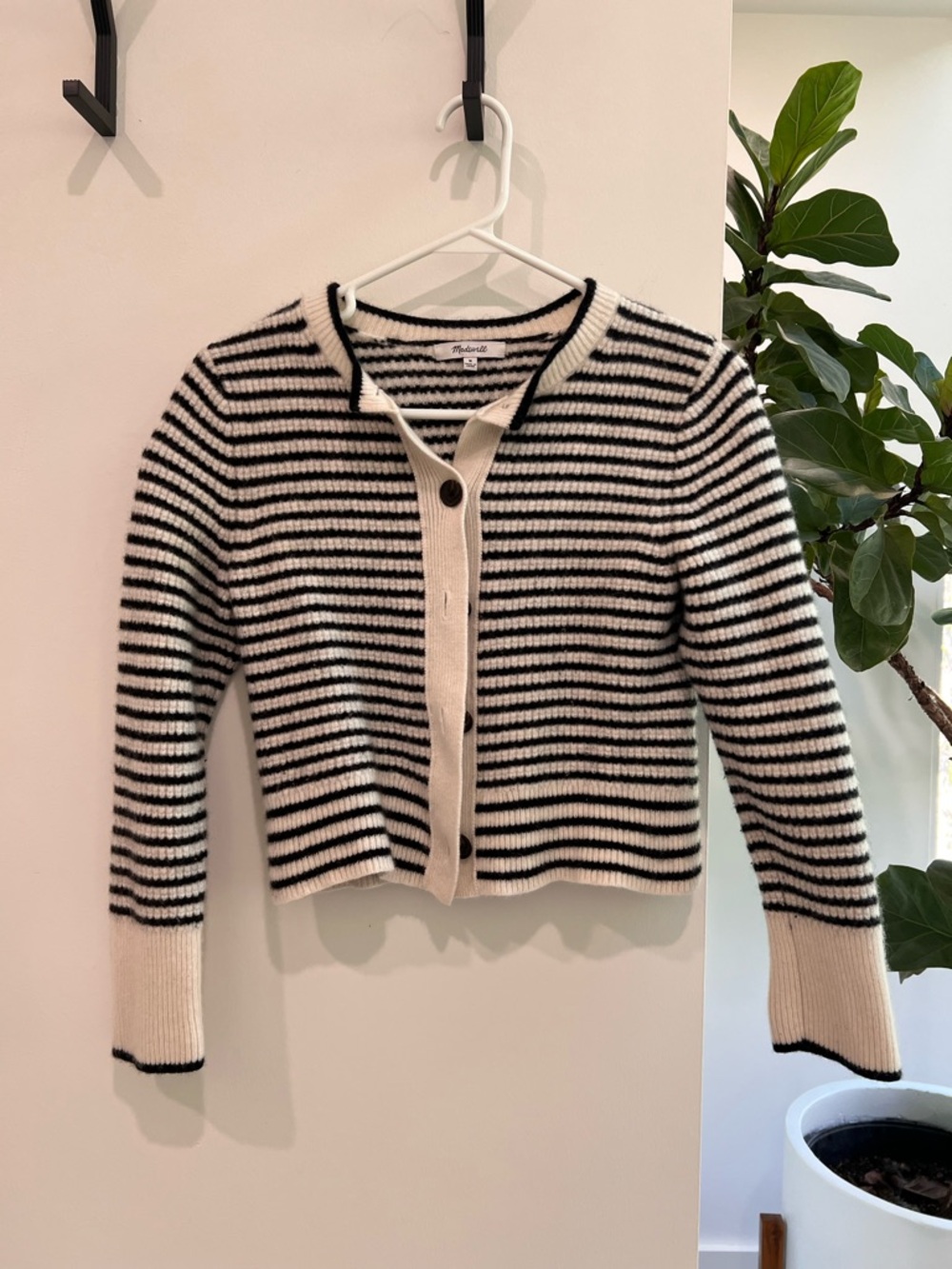 Madewell Black and Cream Striped Button-Front Cardigan